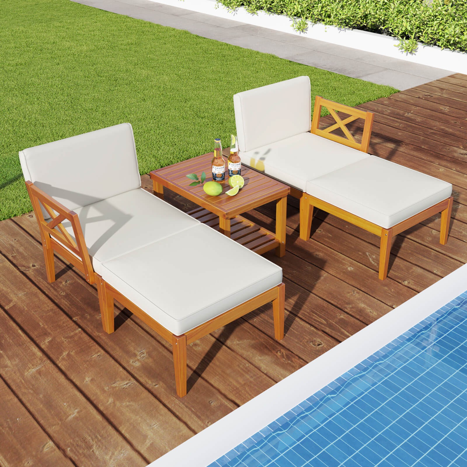 5 PCS Acacia Wood Patio Chaise Lounge Chair Set w/ 2-Tier Coffee Table Cushions