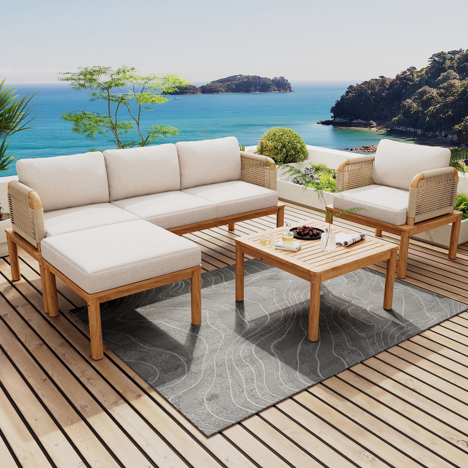 4-Piece Acacia Wood Patio Sectional Set Outdoor Sofa Couch Set W/ Coffee Table