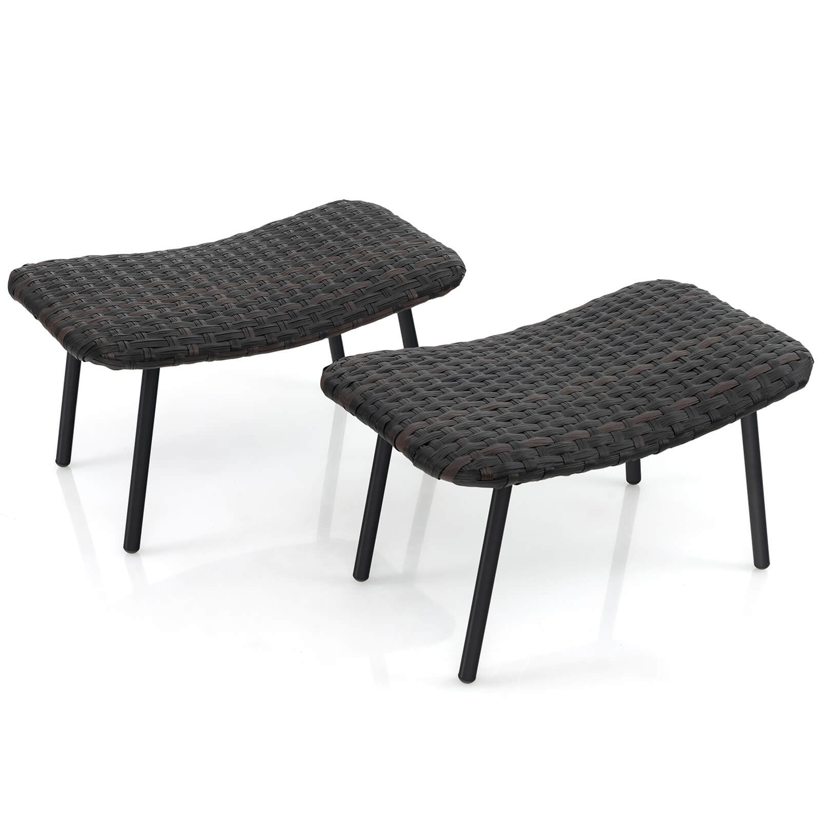 Set of 2 Patio Rattan Ottoman w/ Padded Quick Dry Foam & Heavy-Duty Metal Legs