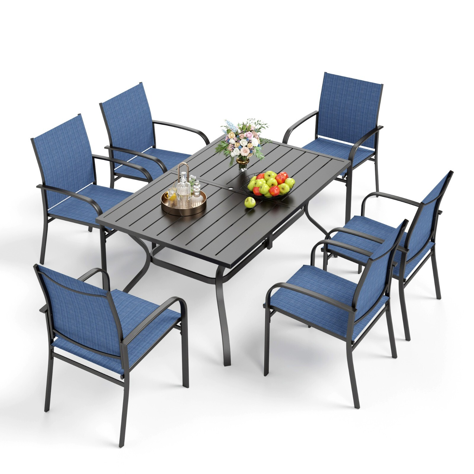7 Piece Outdoor Dining Set Table & Fixed Chairs w/Umbrella Hole Patio Furniture