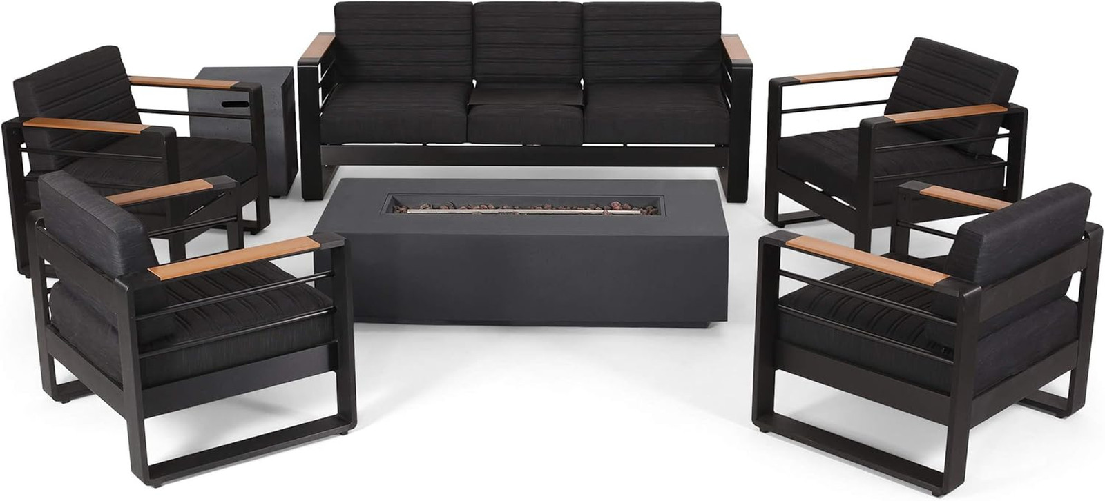 Giovanna 7-Seater Outdoor Chat Set with Fire Pit – Aluminum, Black & Gray