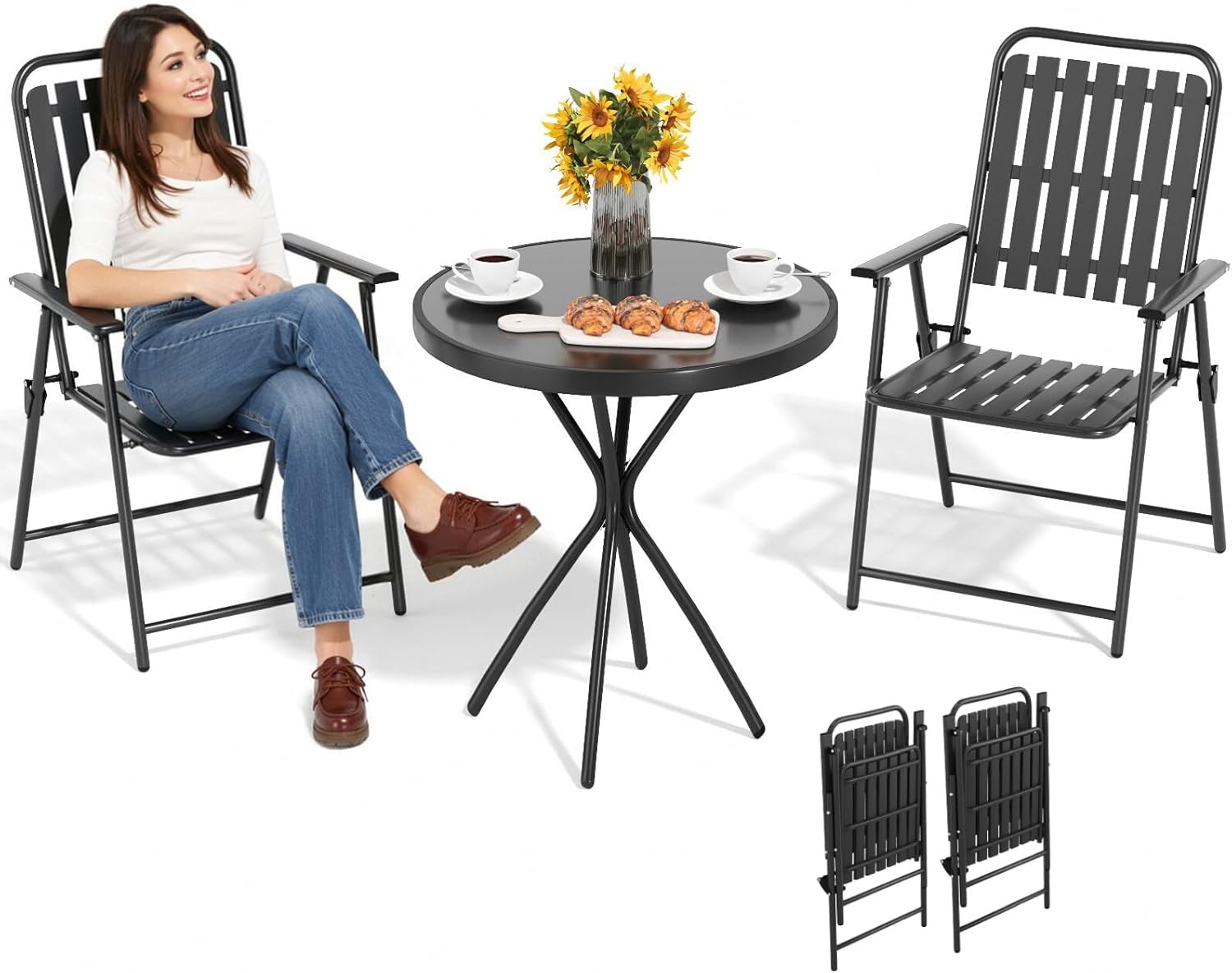 3 Piece Patio Bistro Set Folding Outdoor Dining Set for 2, Bistro Table and Chai