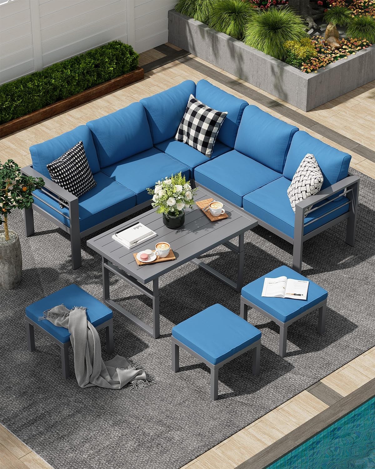 7pc Aluminum Patio Furniture Set – Outdoor Conversation Sofa & Adjustable Table
