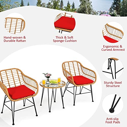 3 Pieces Patio Bistro Set, Rattan Conversation Set with Brownish Yellow – Red
