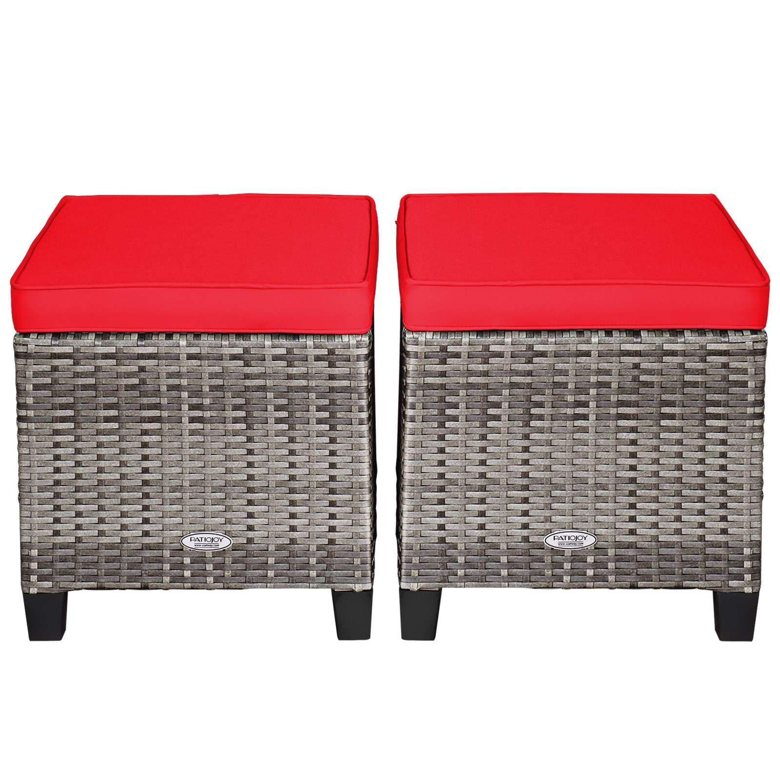 Costway 2PCS Patio Rattan Cushioned Ottoman Seat Foot Rest Table Red
