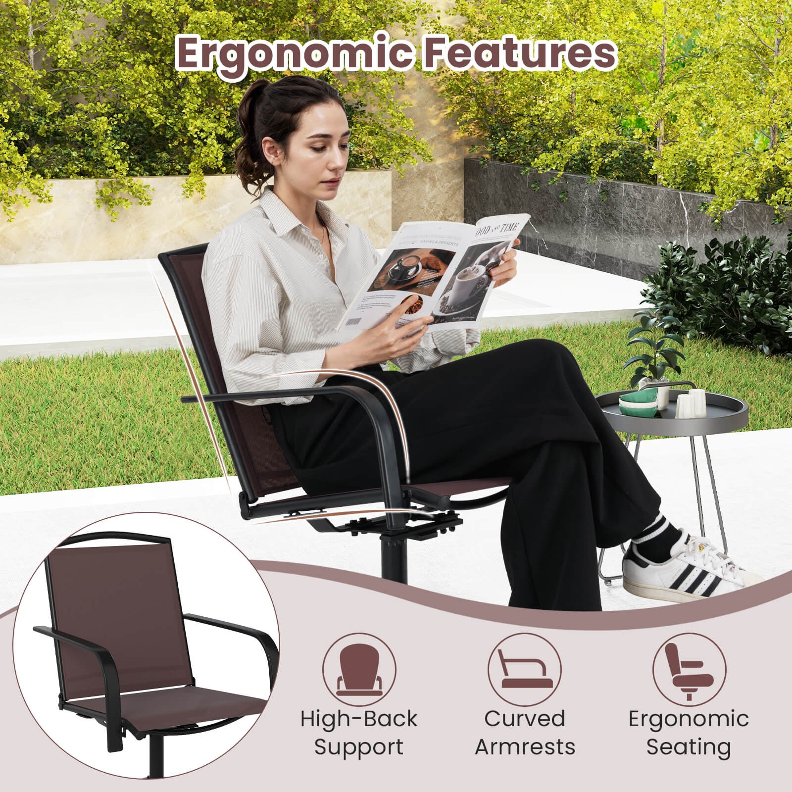 Patio Swivel Chairs 2PCS w/ High Back & Round Metal Base for Backyard