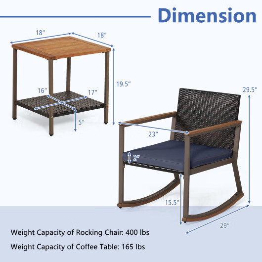 3 Pieces Rattan Rocking Bistro Set with Coffee Table and Cushions-Navy – Color:
