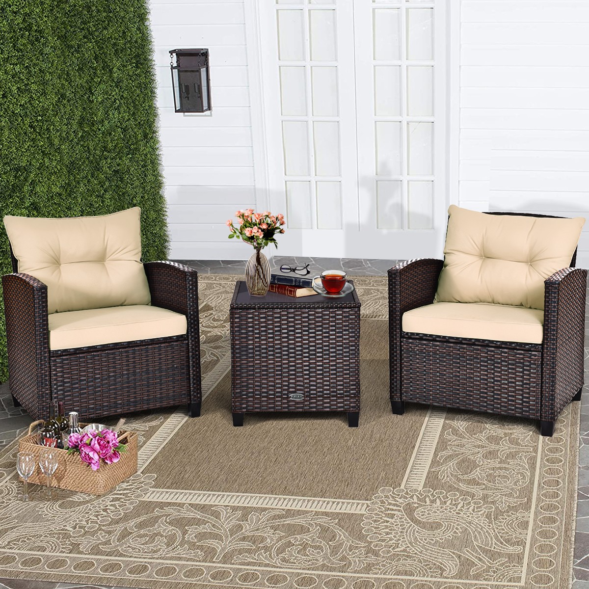 3PCS Patio Rattan Furniture Set Cushioned Conversation Set Sofa Coffee Table