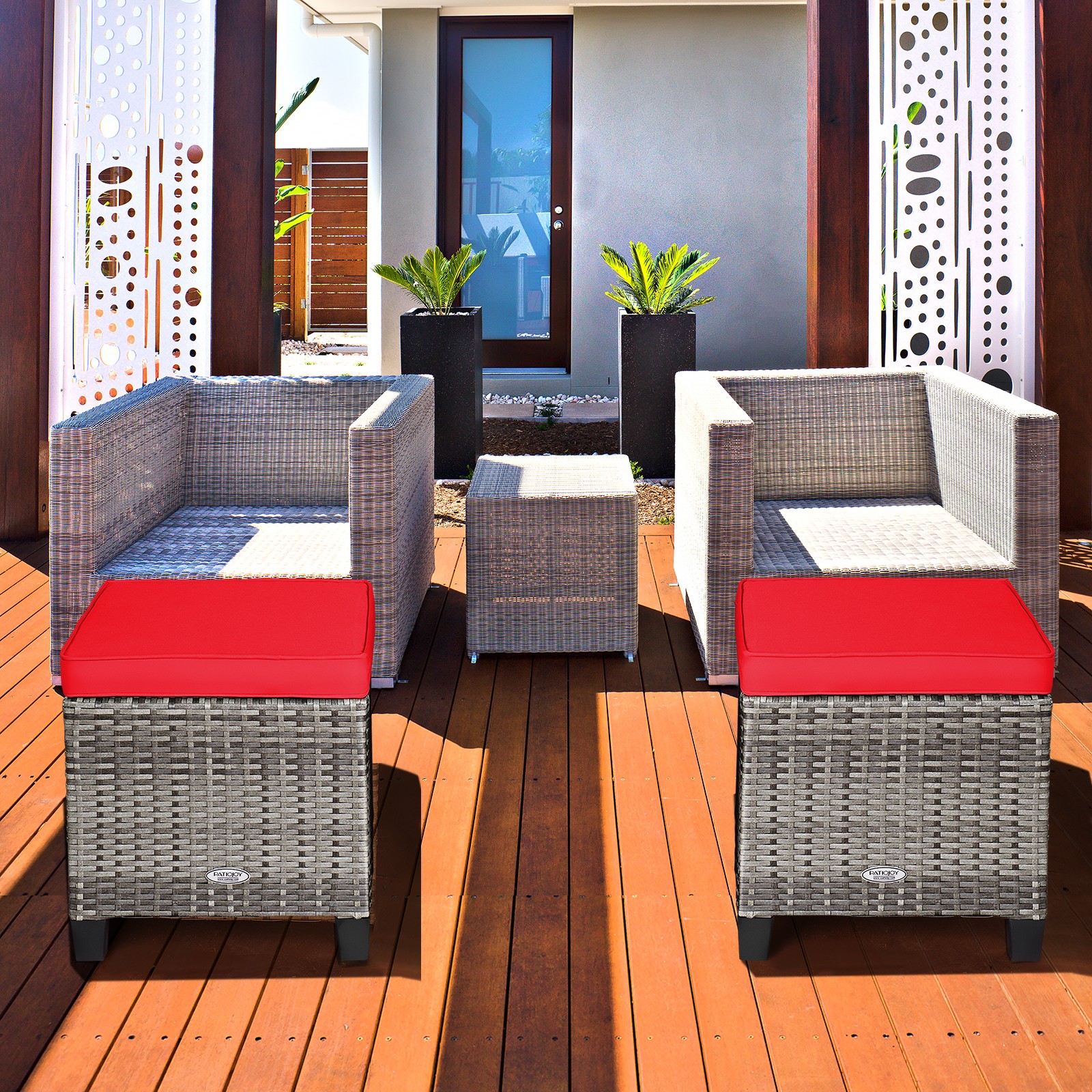 Costway 2PCS Patio Rattan Cushioned Ottoman Seat Foot Rest Table Red