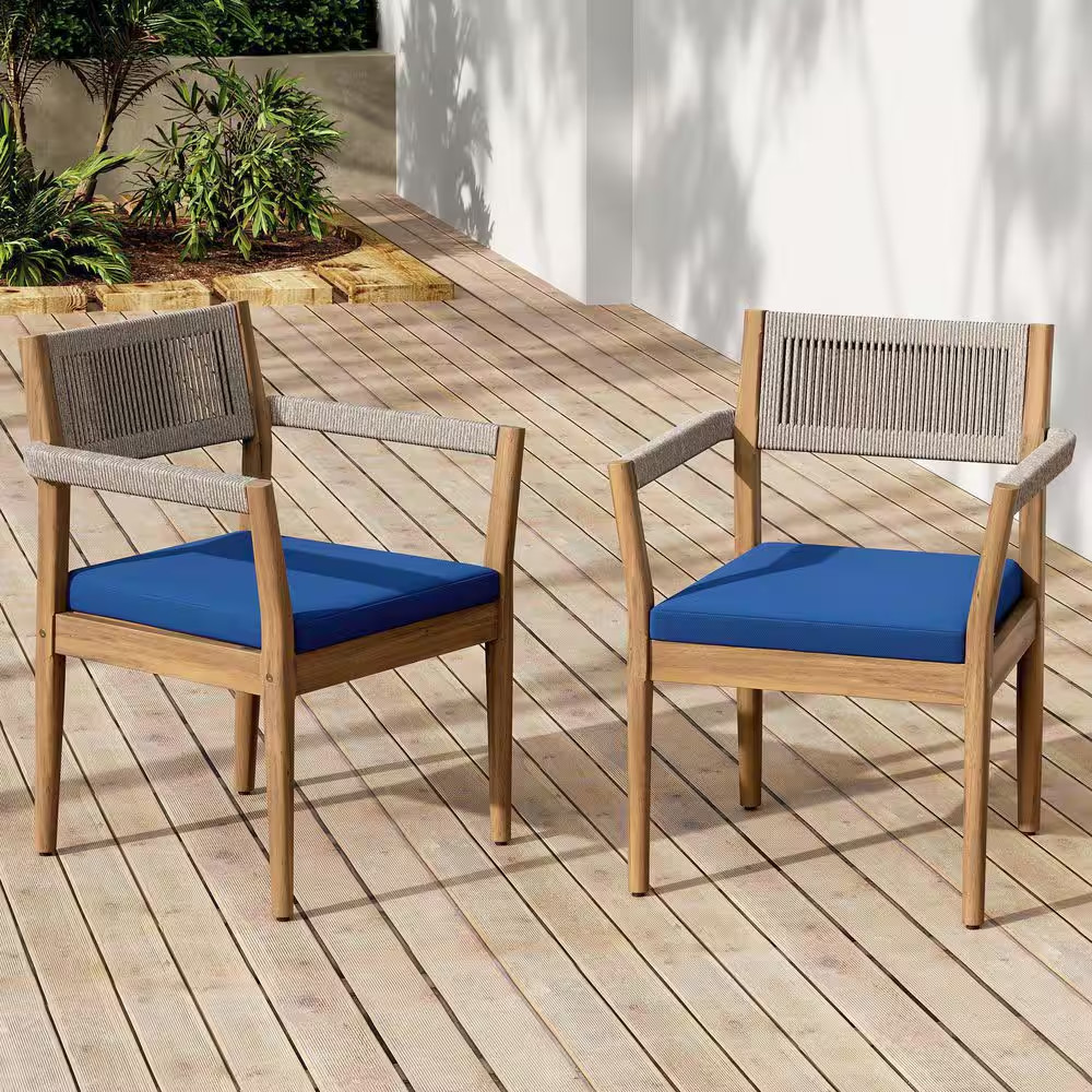 Pinehill Patio Teak Finish Solid Wood Outdoor Dining Chairs with Navy Cushions,