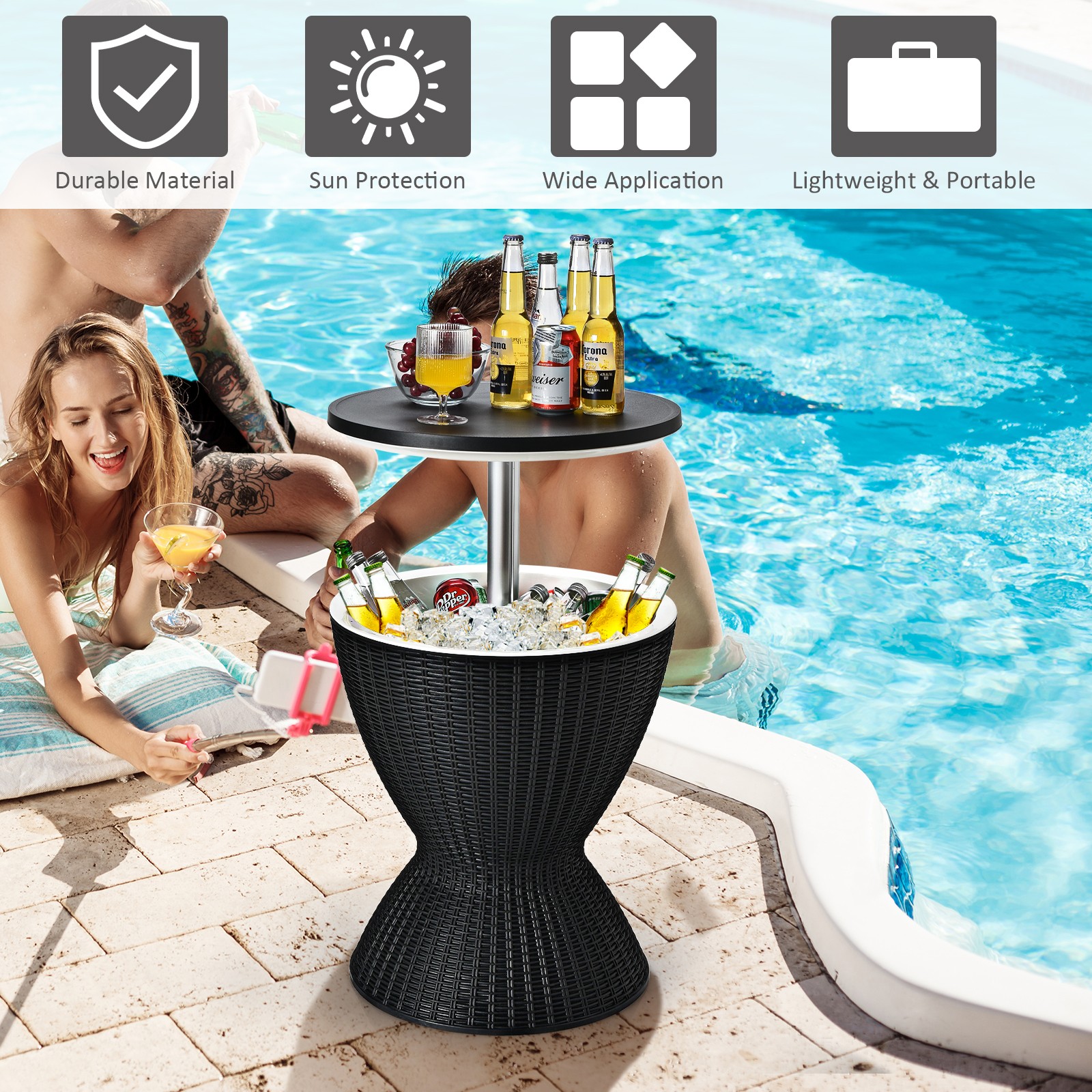 Costway 8 Gallon 3 in 1 Patio Rattan Cooler Bar Table Ice Bucket Adjust Black