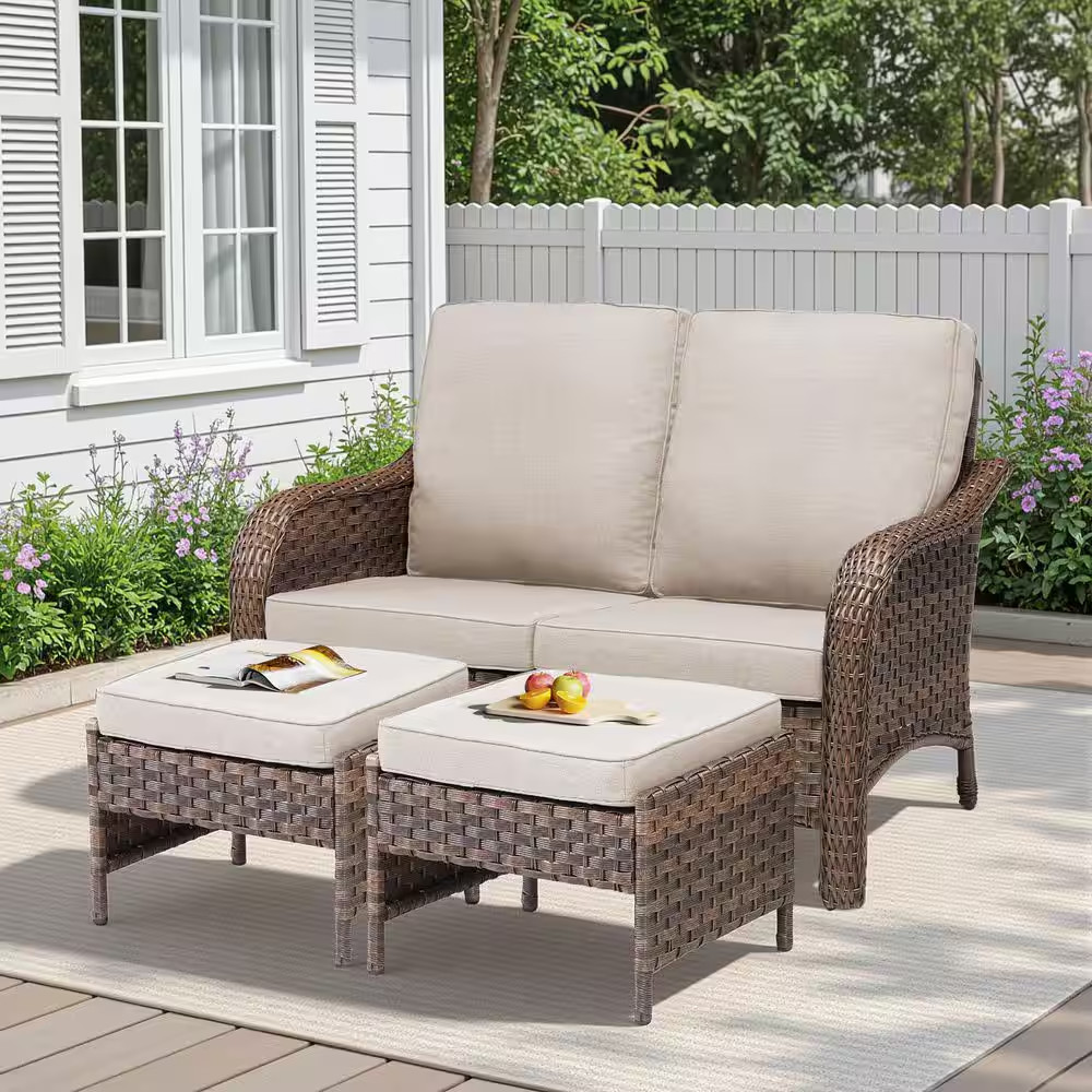 Rainf Brown 2-Piece Wicker Outdoor Loveseat Furniture Set Patio Rattan Loveseat
