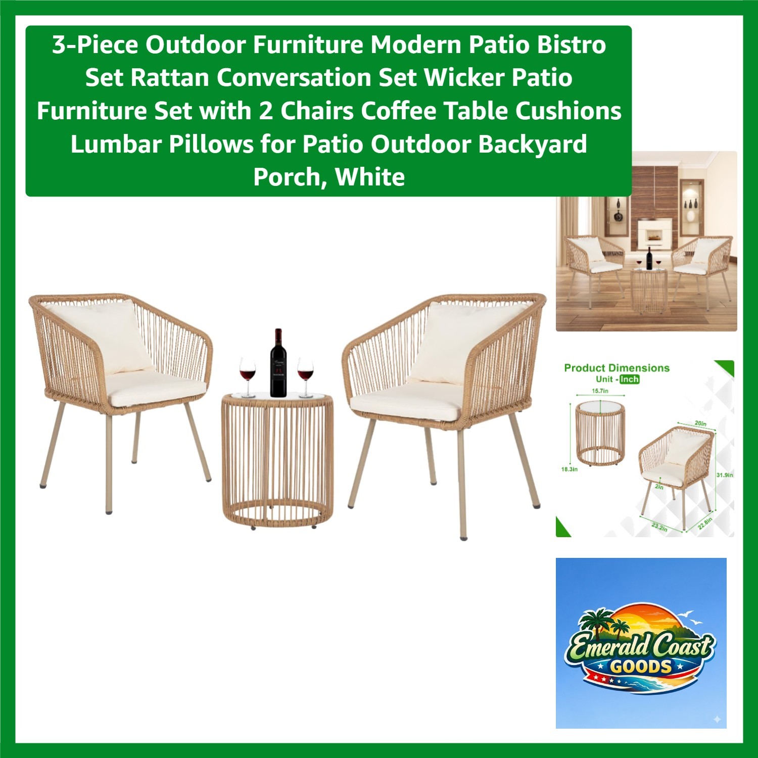 Elegant 3-Piece Outdoor Rattan Bistro Set with Glass Table & Cushions, White