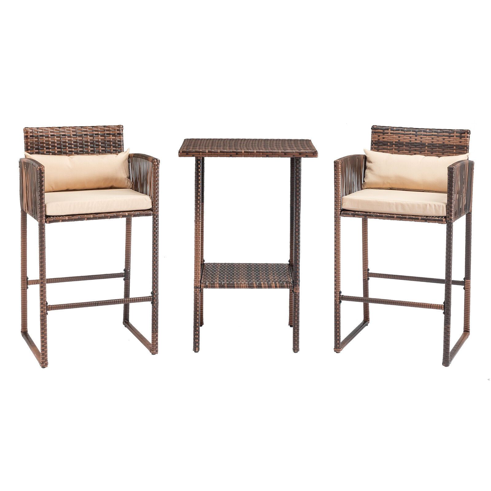 Outdoor 3 Pcs Patio Bar Set Bar Height Bistro Table Set for 2, Wicker Bar Stool