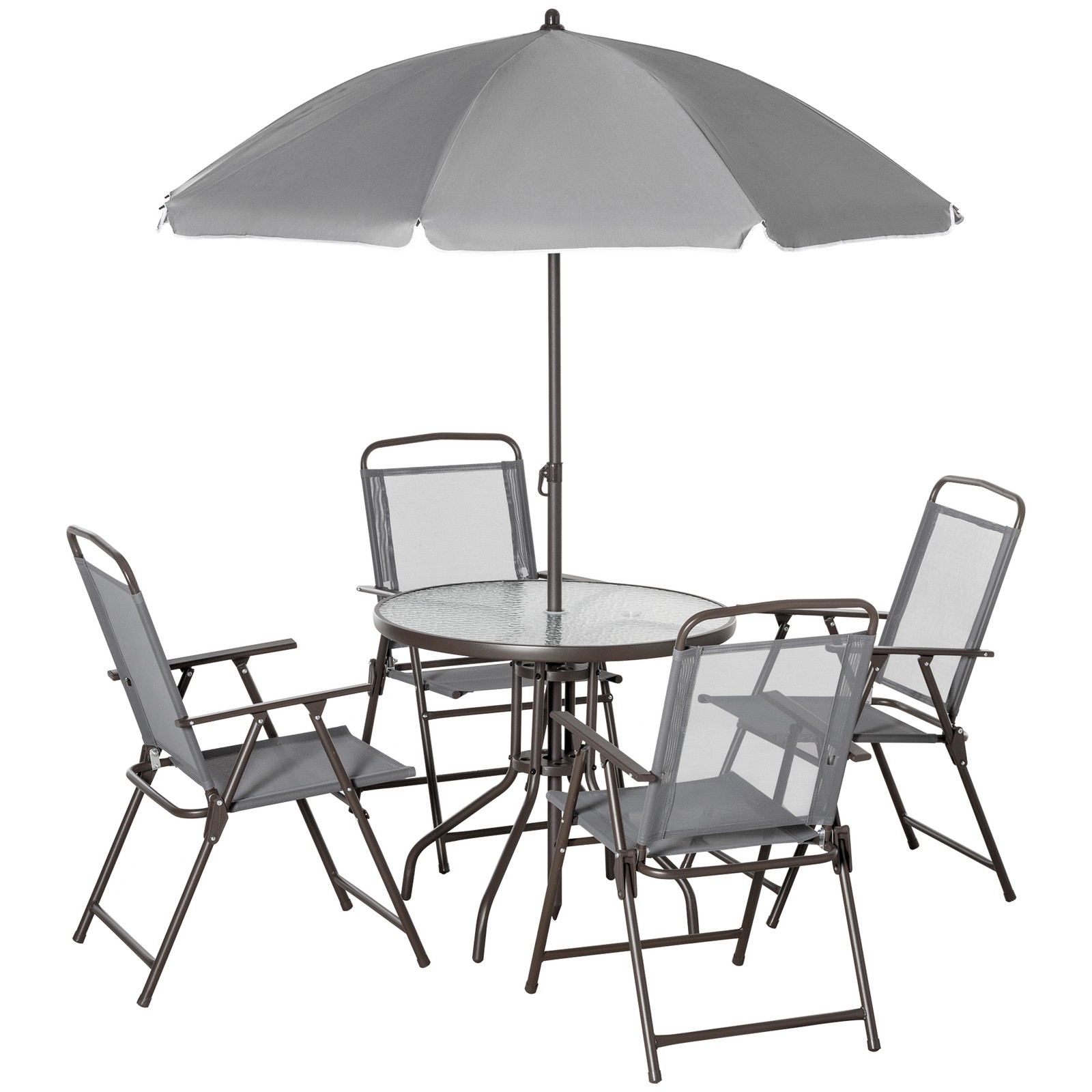 6 Piece Patio Dining Set with Umbrella, 4 Folding Chairs & Glass Table, Gray