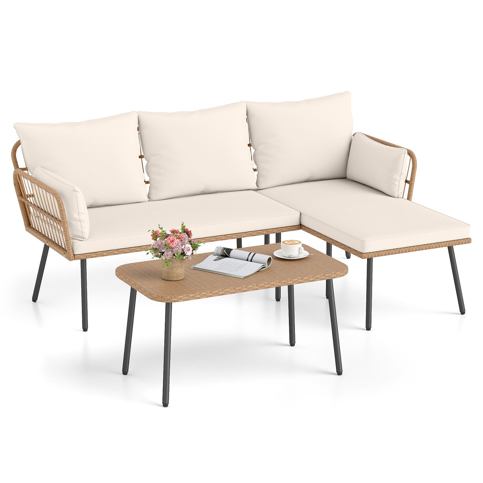 3 Pieces L-Shaped Patio Furniture Set with Coffee Table, Removable Cushions