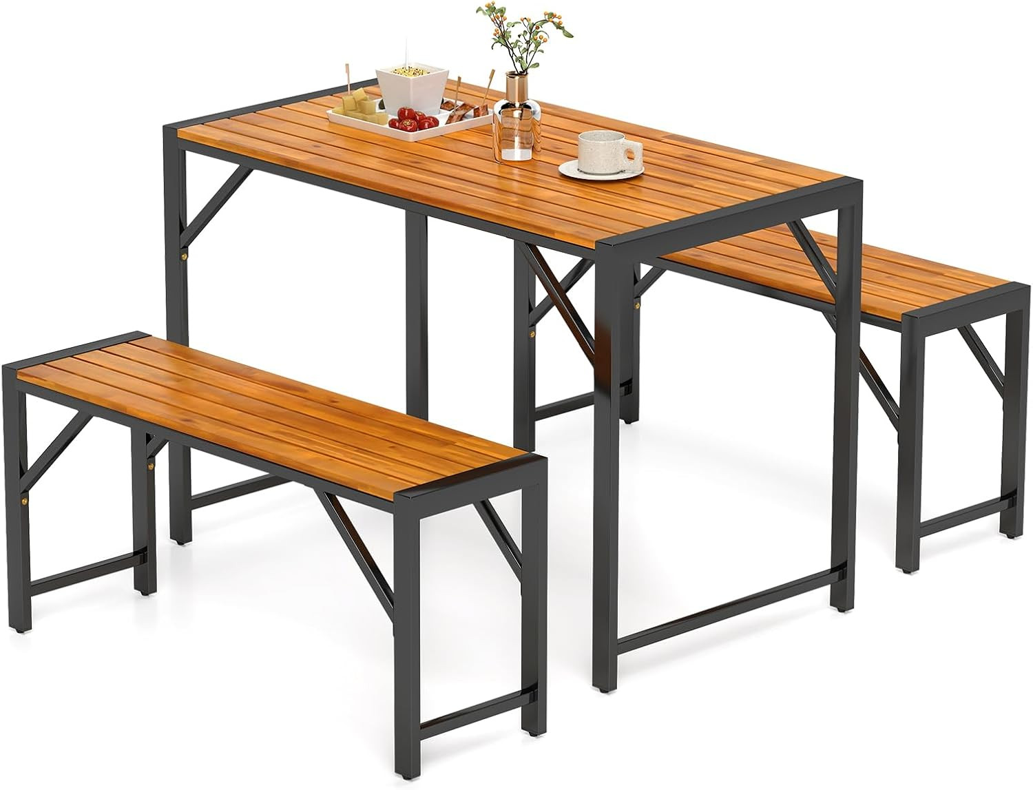 3-Pieces Patio Dining Set for 4 People, Outdoor Picnic Table & 2 Benches, 44″ Ac