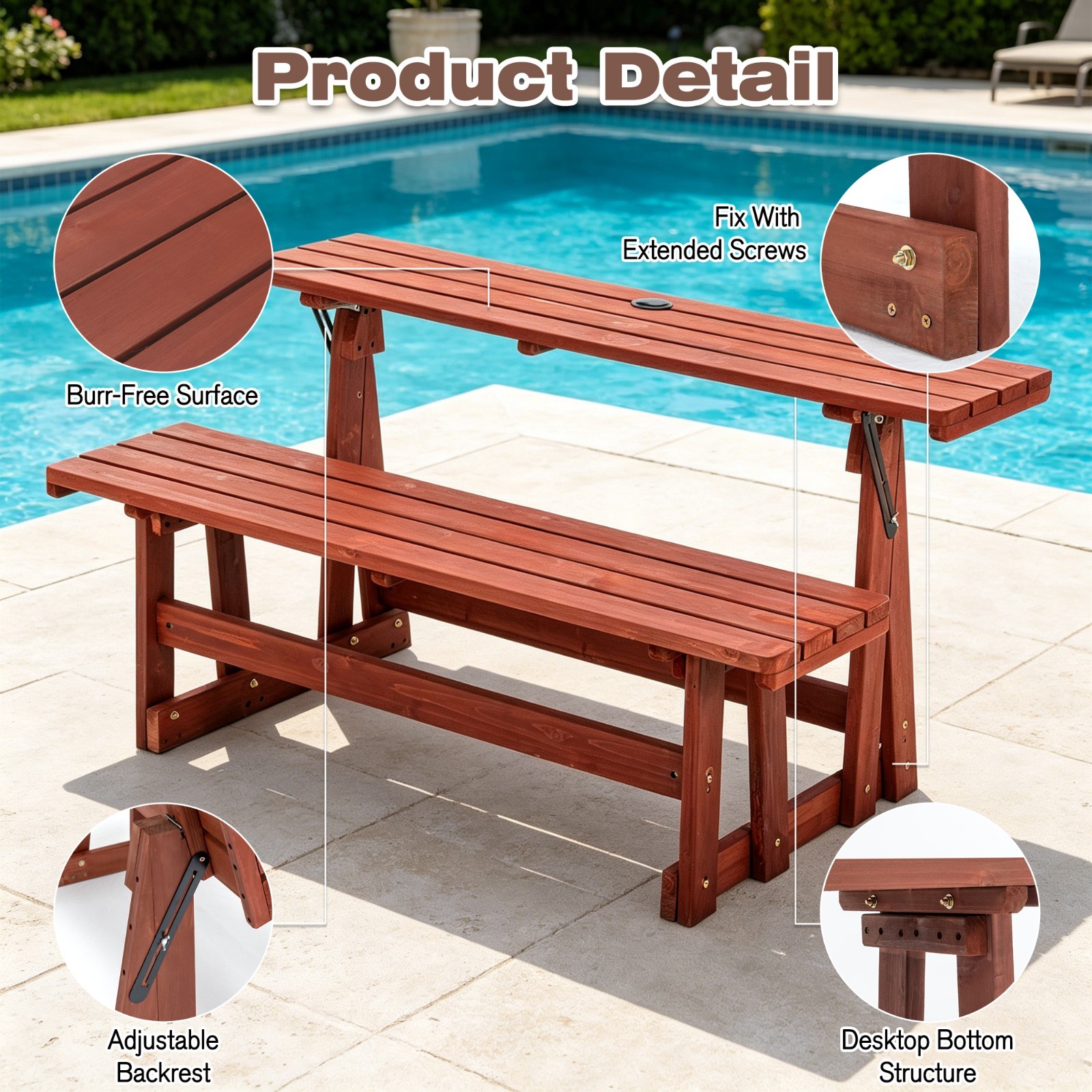 55.5″ Convertible Rectangle Wood Picnic Table Garden Bench Seats 2-3 People