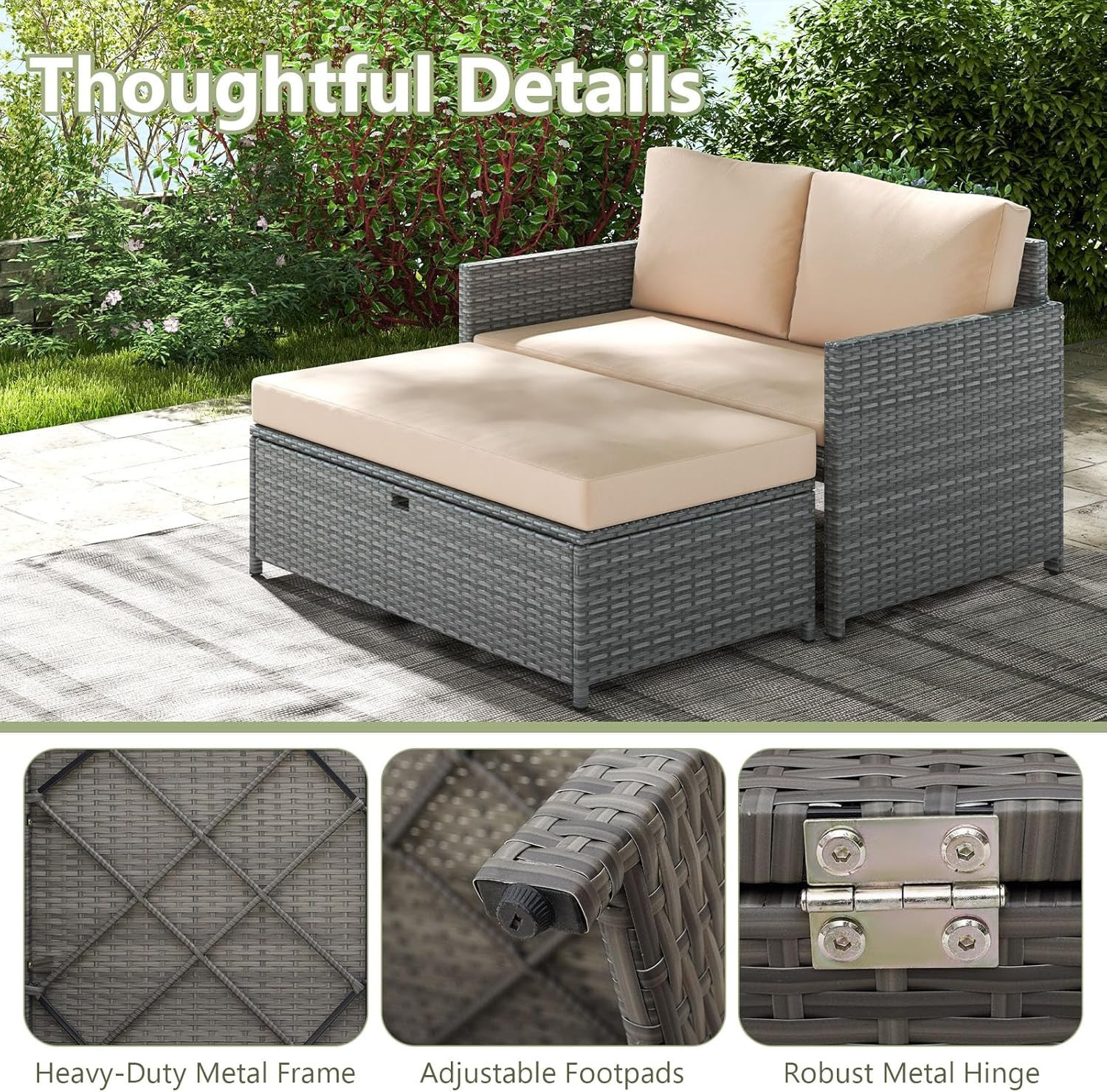 OUTDOOR RATTON DAYBED, WICKER LOVESEAT & 31 GALLON STORAGE OTTOMAN SOFT CUSHIONS