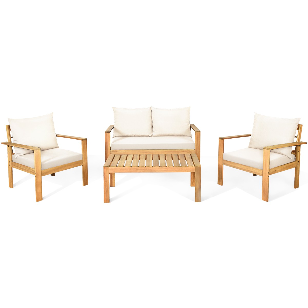 4PCS Patio Furniture Set Acacia Wood Thick Cushion Loveseat Sofa Off White