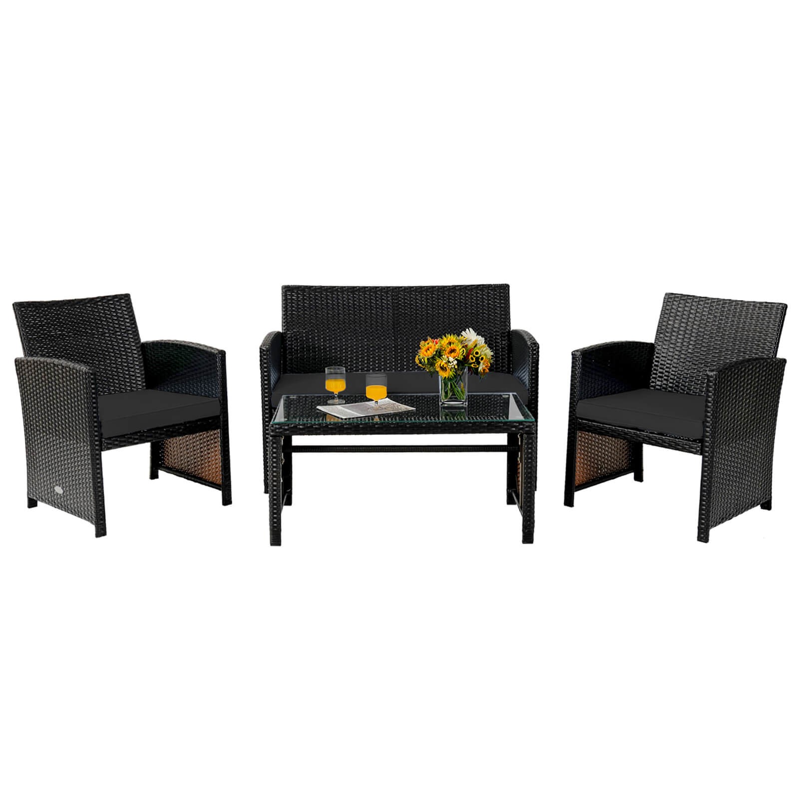 Patiojoy 4PCS Patio Rattan Furniture Set Cushioned Chair Sofa Table Turquoise