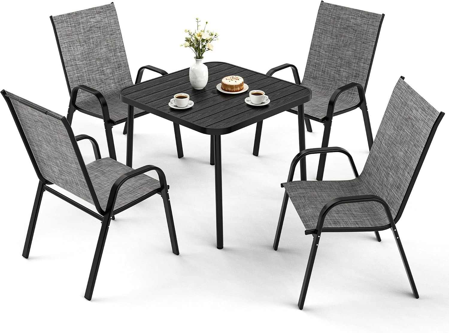 Outdoor Dining Sets for 4, Square Steel Slat Table with 4 Textilene Chairs, 5