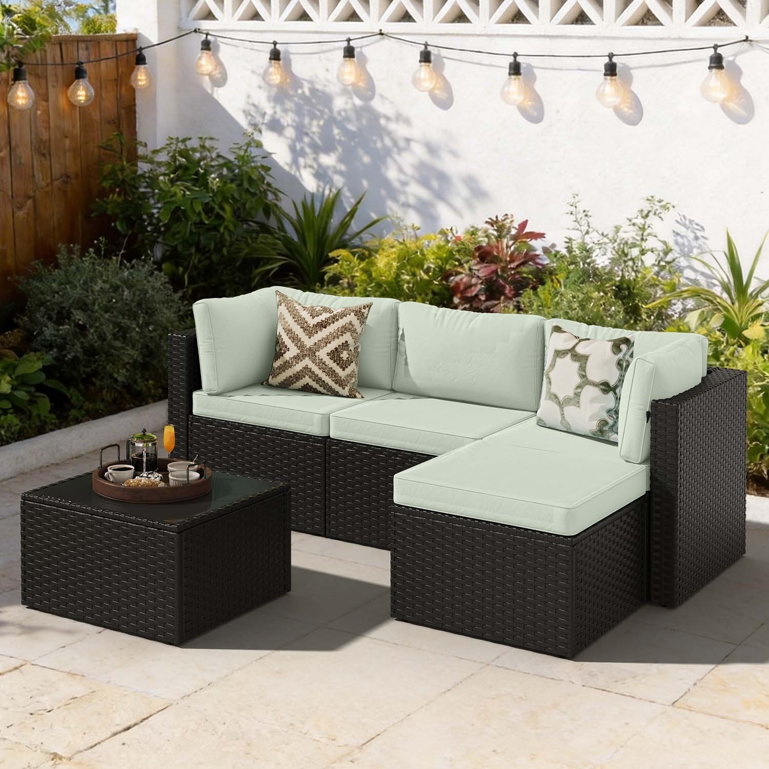 3-Piece Black Rattan Conversation Set Sofa Ottoman Table Light Green