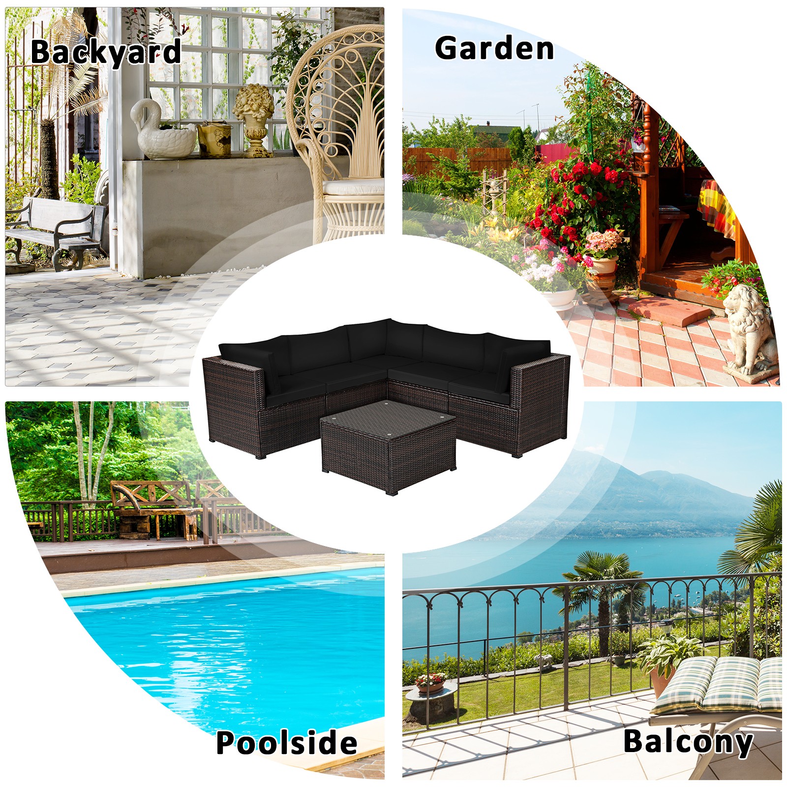 Patiojoy Patio Rattan Furniture Set 6PCS Sectional Cushioned Sofa Deck Black