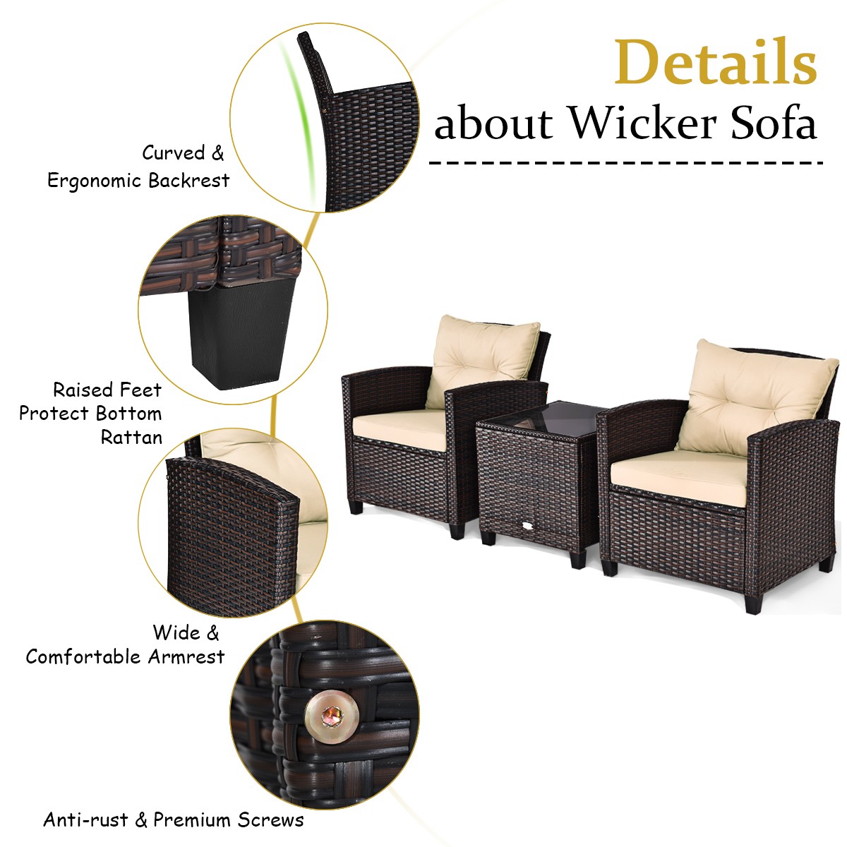 3PCS Patio Rattan Furniture Set Cushioned Conversation Set Sofa Coffee Table