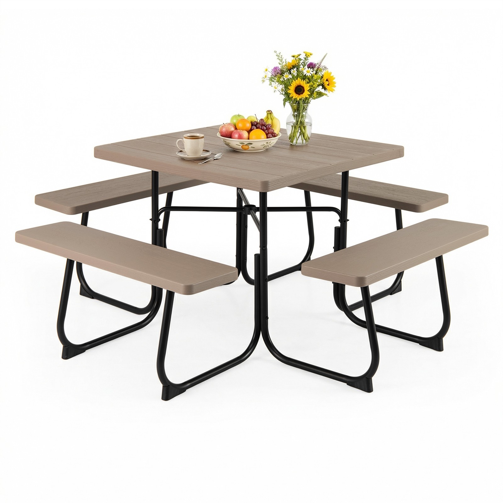 8-person Square Picnic Table Bench Set w/4 Benches & Umbrella Hole for Garden