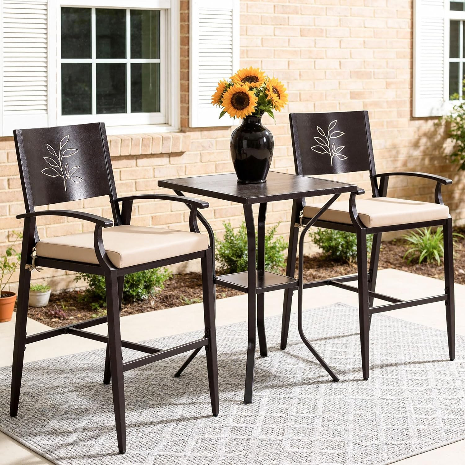 3-Piece Outdoor Bar Set, Bar Height Table and Stools with Stone Crystal Waterpro