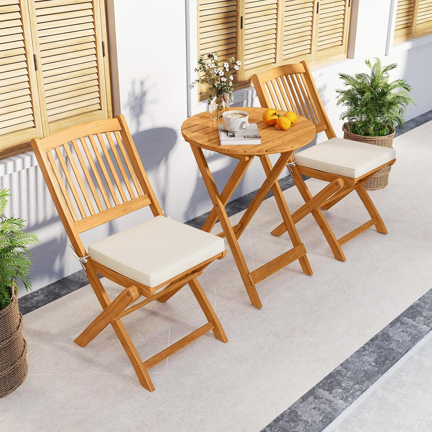 2 Pieces Folding Outdoor Dining Chairs, Acacia Wood Patio Chairs with Soft Cushi
