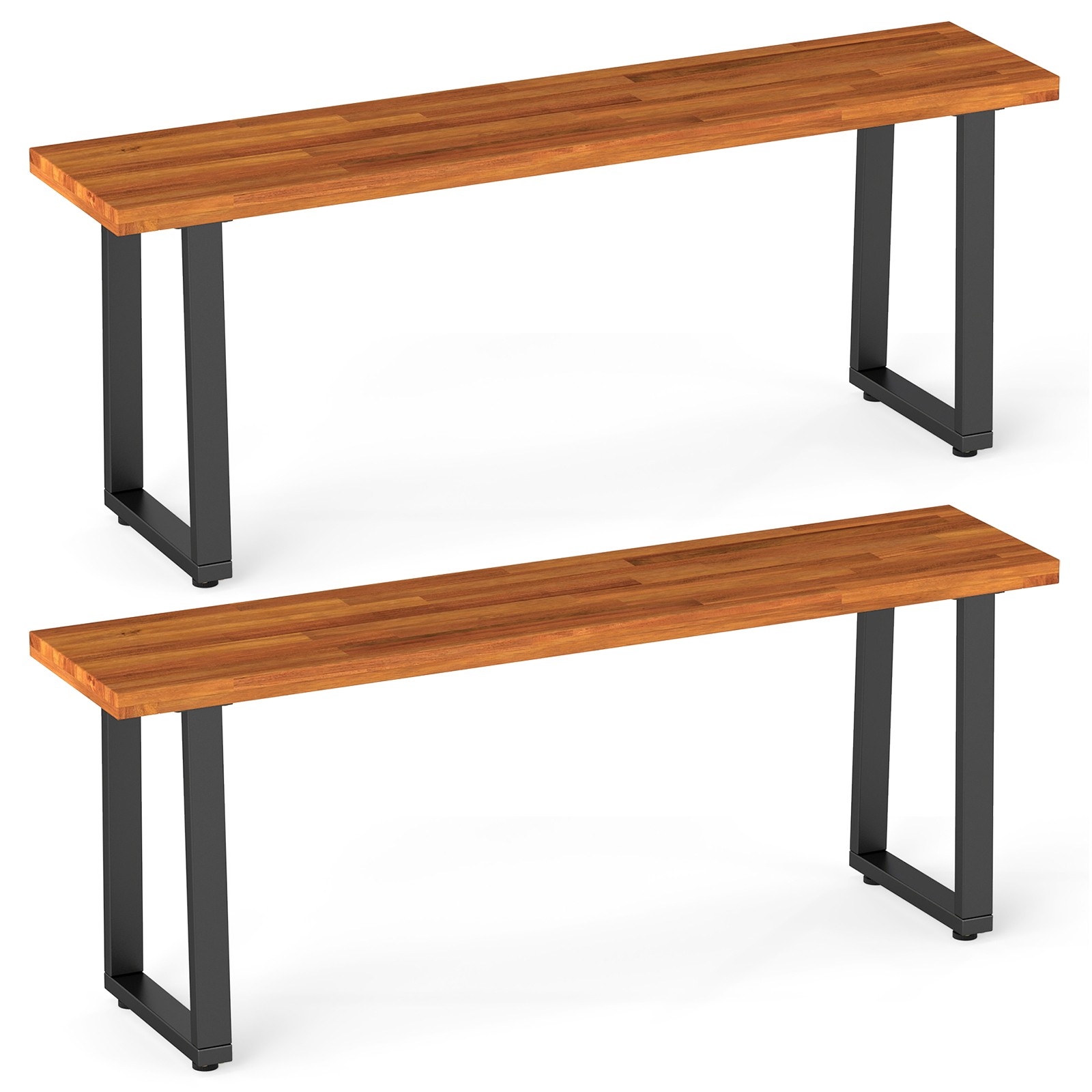 Wood Patio Bench Set of 2 47.5″ Long Dining Bench w/Metal Legs Indoor Outdoor