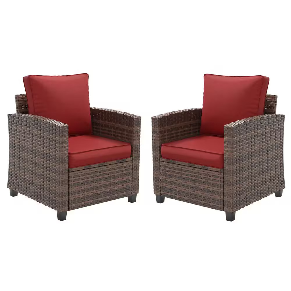 2-Piece Brown Rattan Outdoor Lounge Chairs with Red Cushions