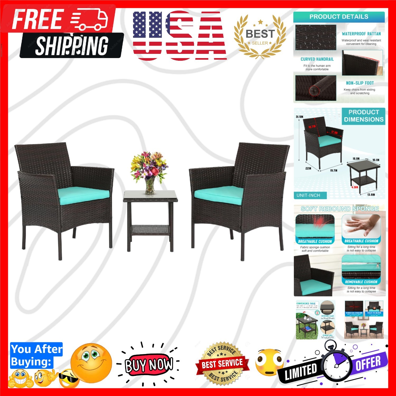 3 Piece Outdoor Furniture Set Patio Brown Wicker Chairs Furniture Bistro Conv…