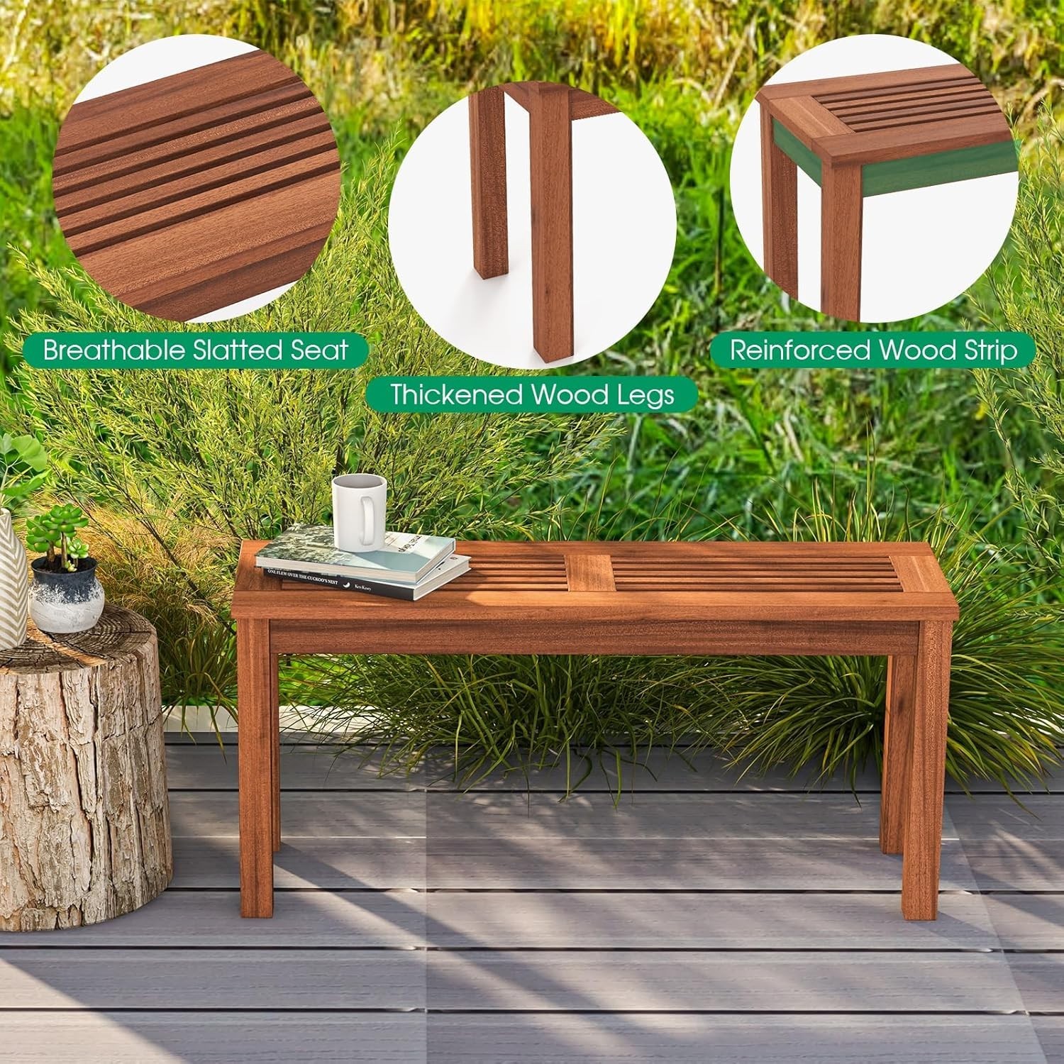 Natural Finish 39.5″ Slatted Wood Bench – Cozy 2-Person Loveseat for Any Setting