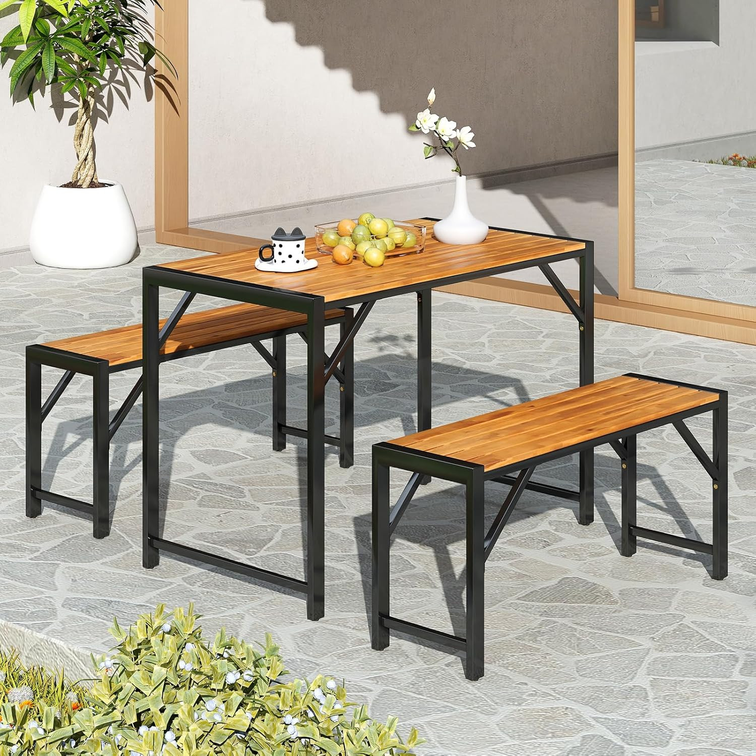 3-Pieces Patio Dining Set for 4 People, Outdoor Picnic Table & 2 Benches, 44″ Ac