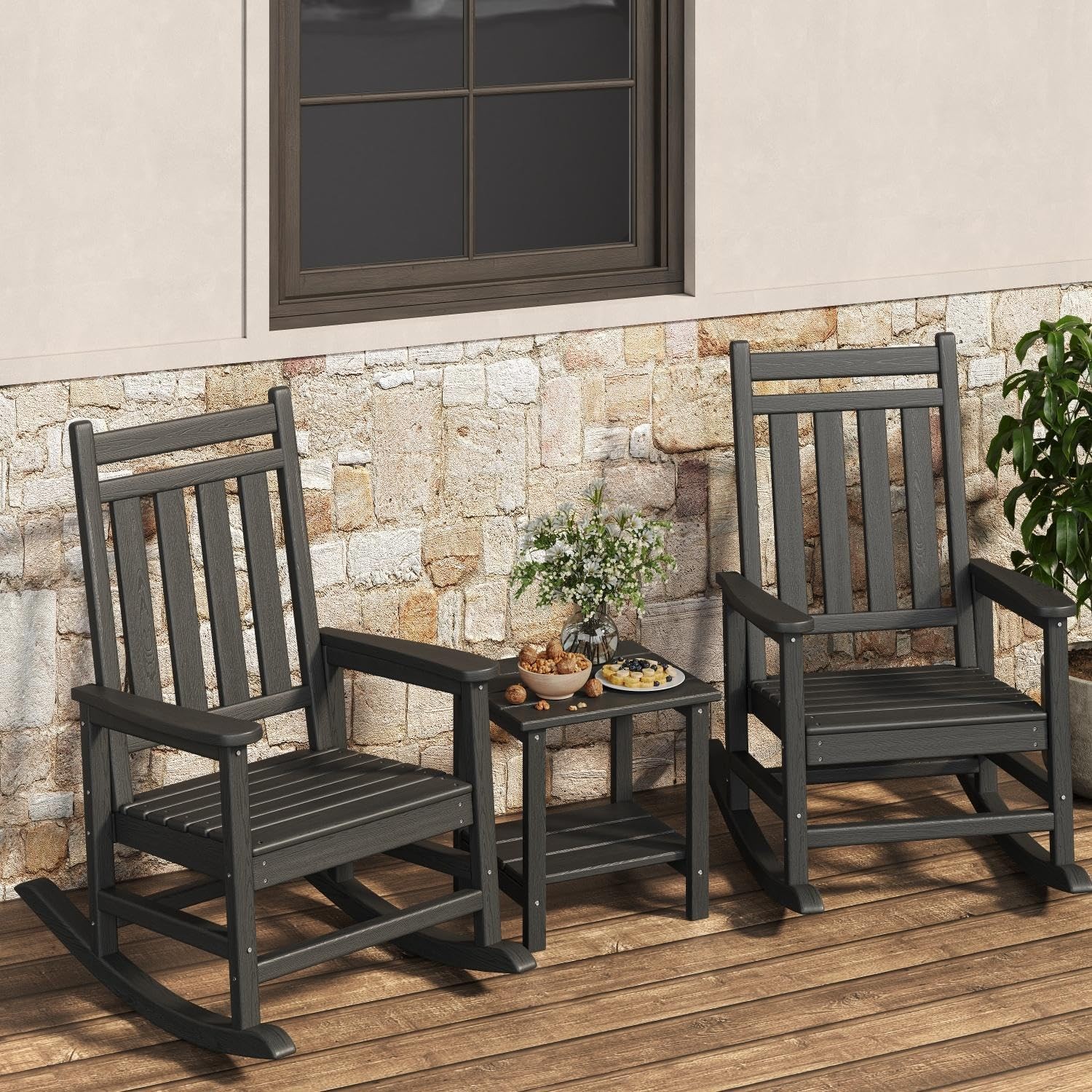 Lumber Rocking Chair Set of 3 & Side Table,Heavy Duty HDPE Patio Rockers 350 lbs