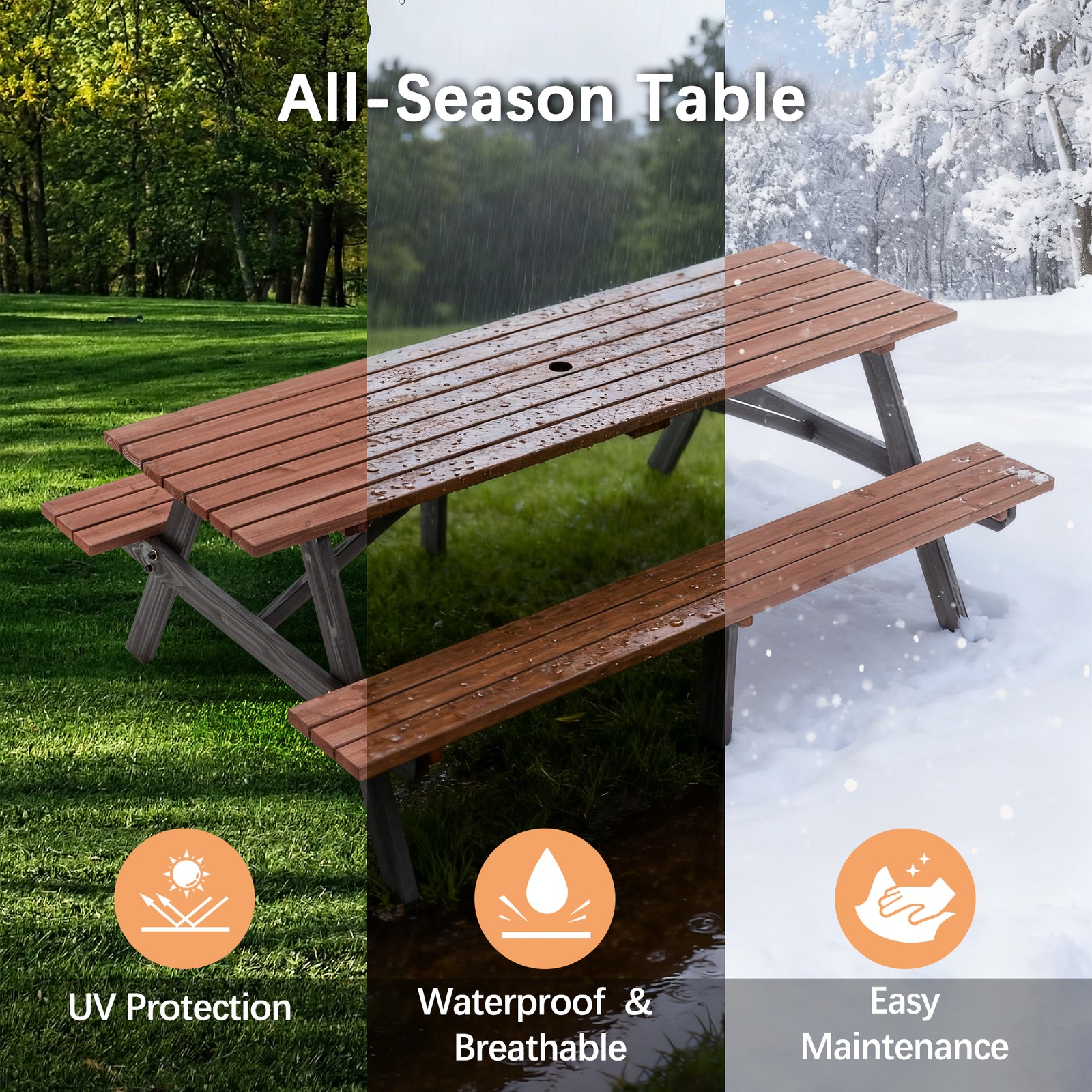 Fir Wood Picnic Table Bench Set 75″ Patio Dining Table Bench Set W/Umbrella Hole