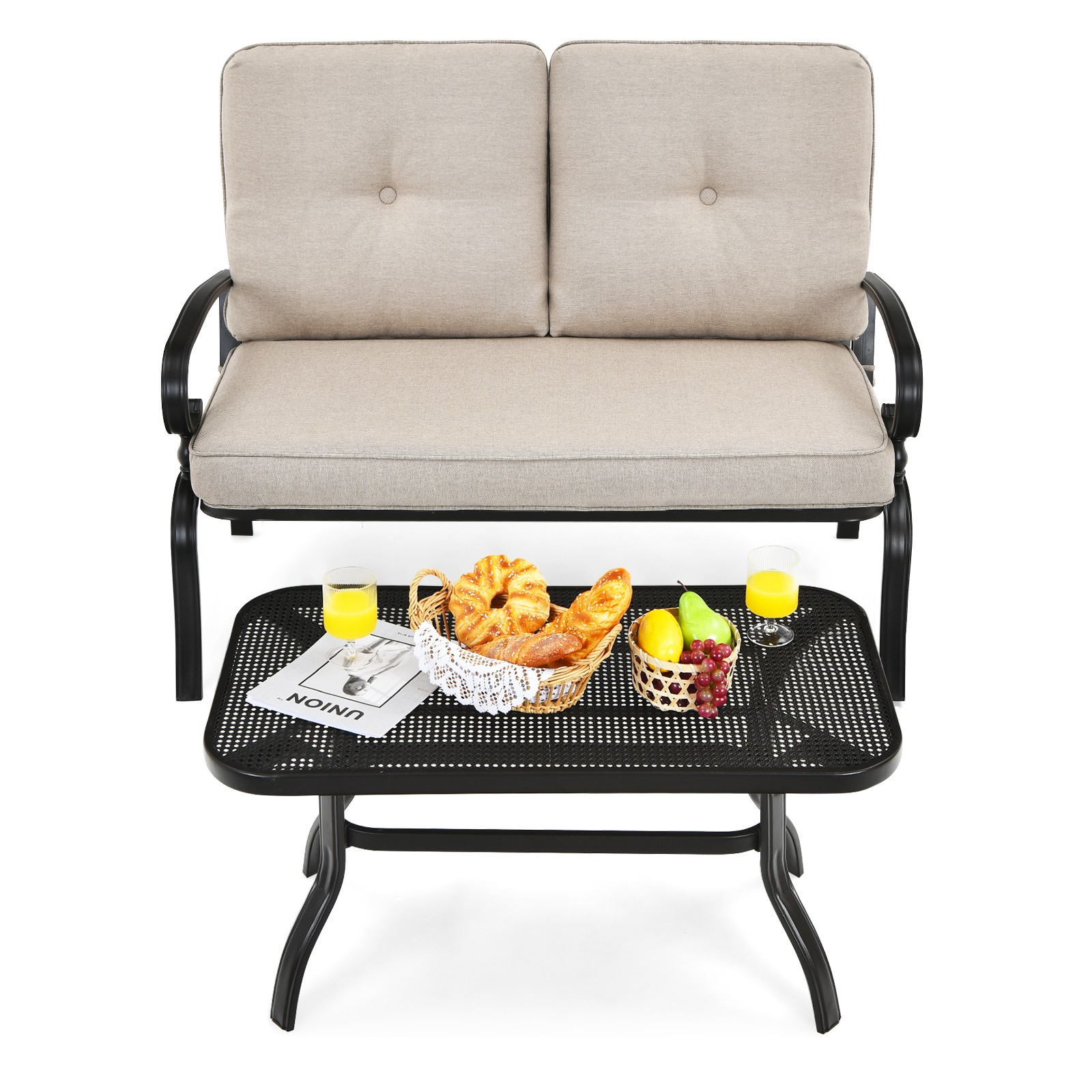 Costway 2PCS Patio Loveseat Bench Table Furniture Set Cushioned Chair Beige