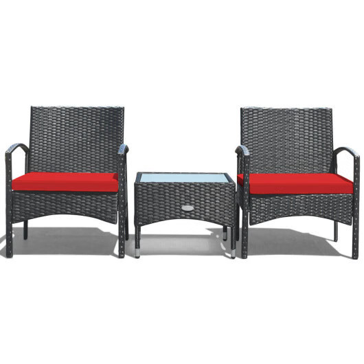 3 Pieces Patio Wicker Rattan Furniture Set with Cushion for Lawn Backyard-Red –