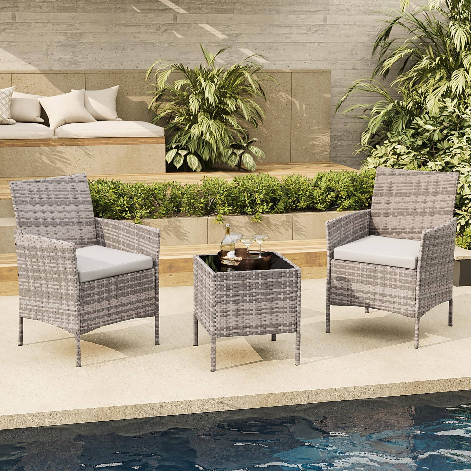 3 Pieces Patio Porch Furniture Set Outdoor PE Rattan Wicker Conversation Set
