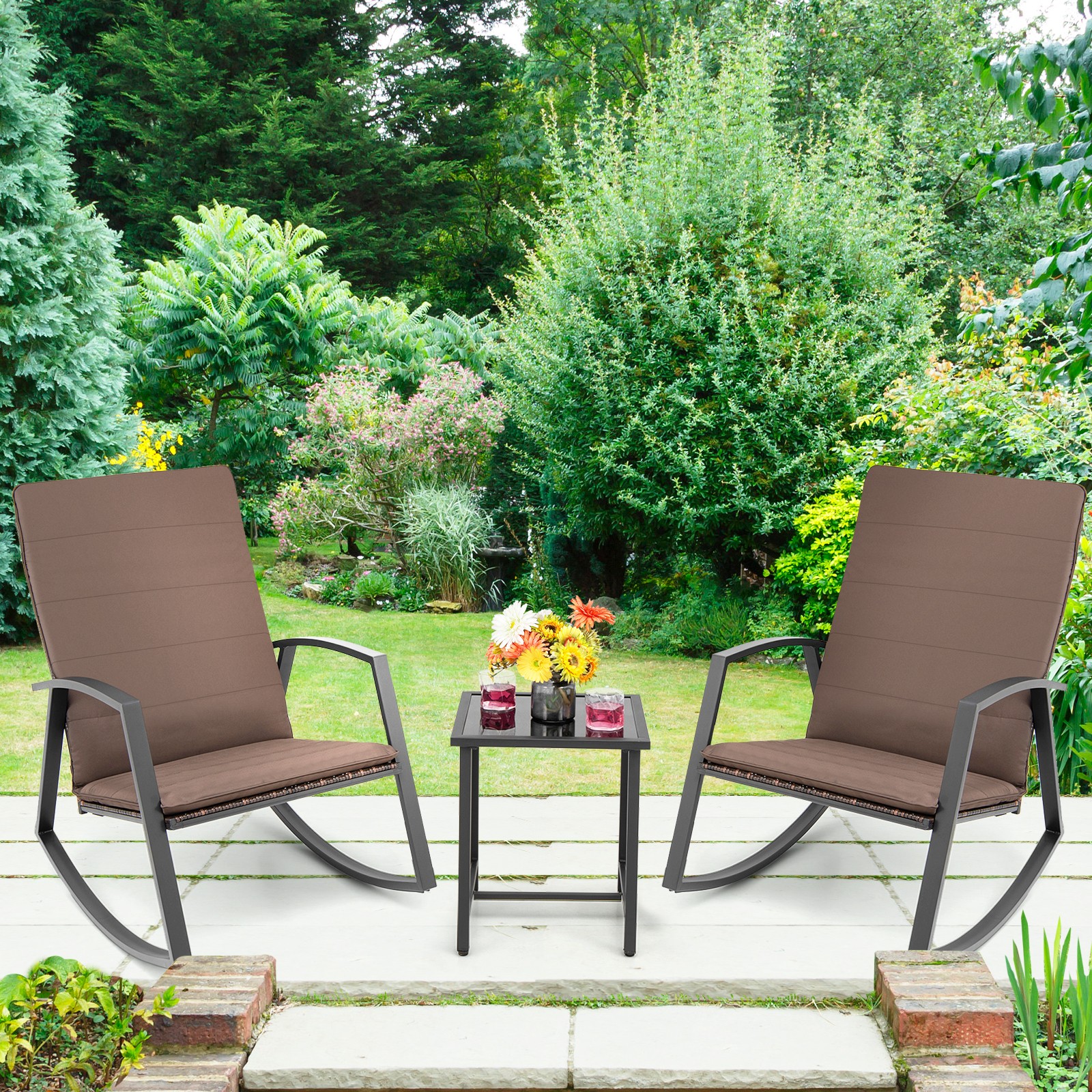 Patiojoy 3-Piece Patio Rattan Rocking Table &Chair Furniture Set Cushion Brown