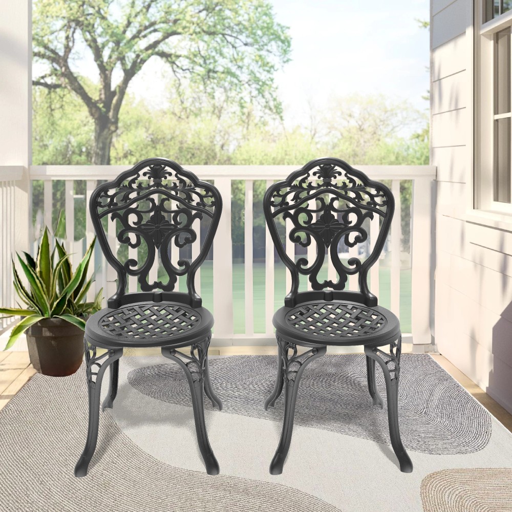 Black Cast Aluminum Patio Chairs 2PCS Rust Resistant Outdoor Dining Furniture