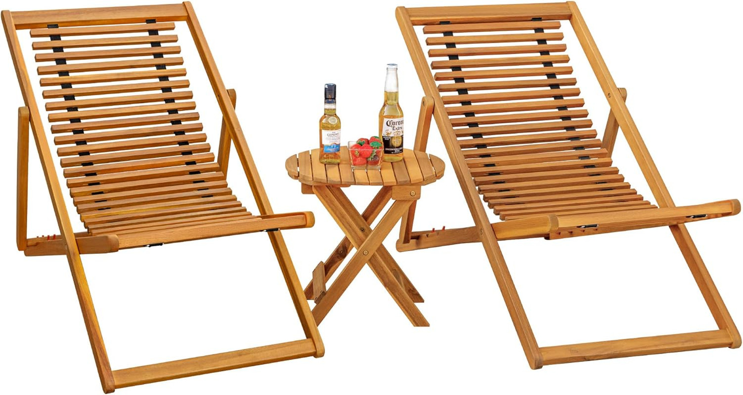 Flamaker 3-Piece Acacia Wood Patio Set, Chaise Lounge Chairs for 2 and Side Coff