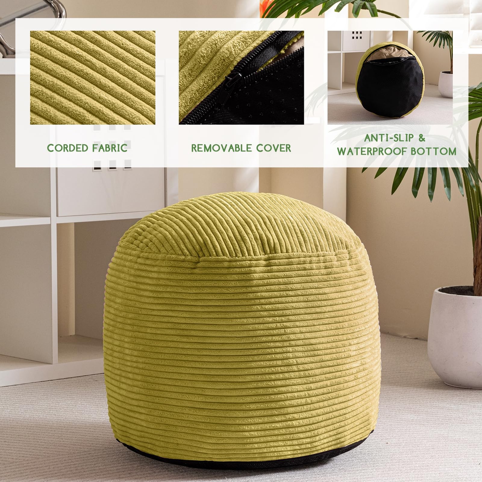 HIGOGOGO Round Stuffed Pouf Ottoman, Corduroy Poufs with Foam 20 inch, Green