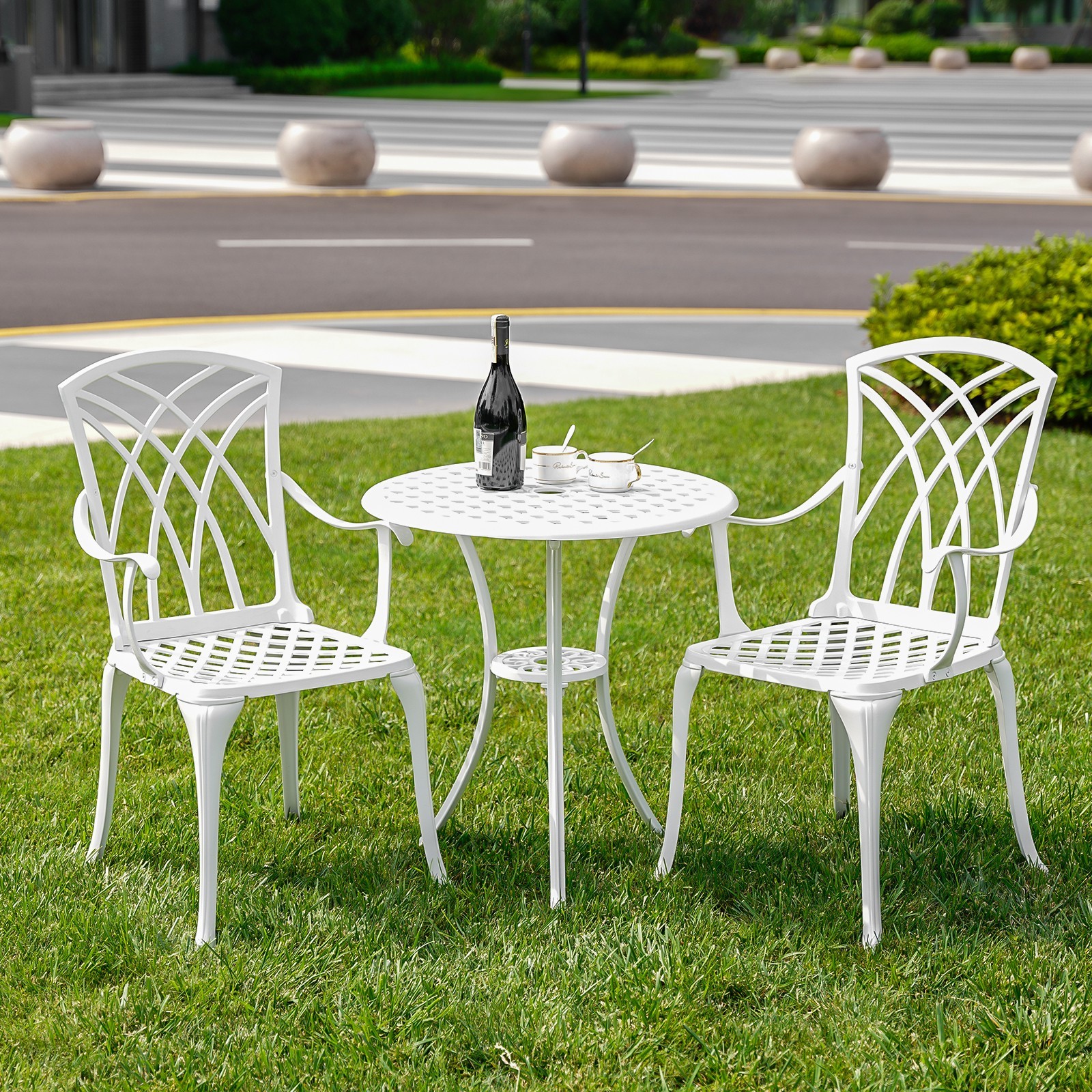 PATIO-IN White Bistro Table and Chairs Set of 2, Cast Aluminum White Bistro Set