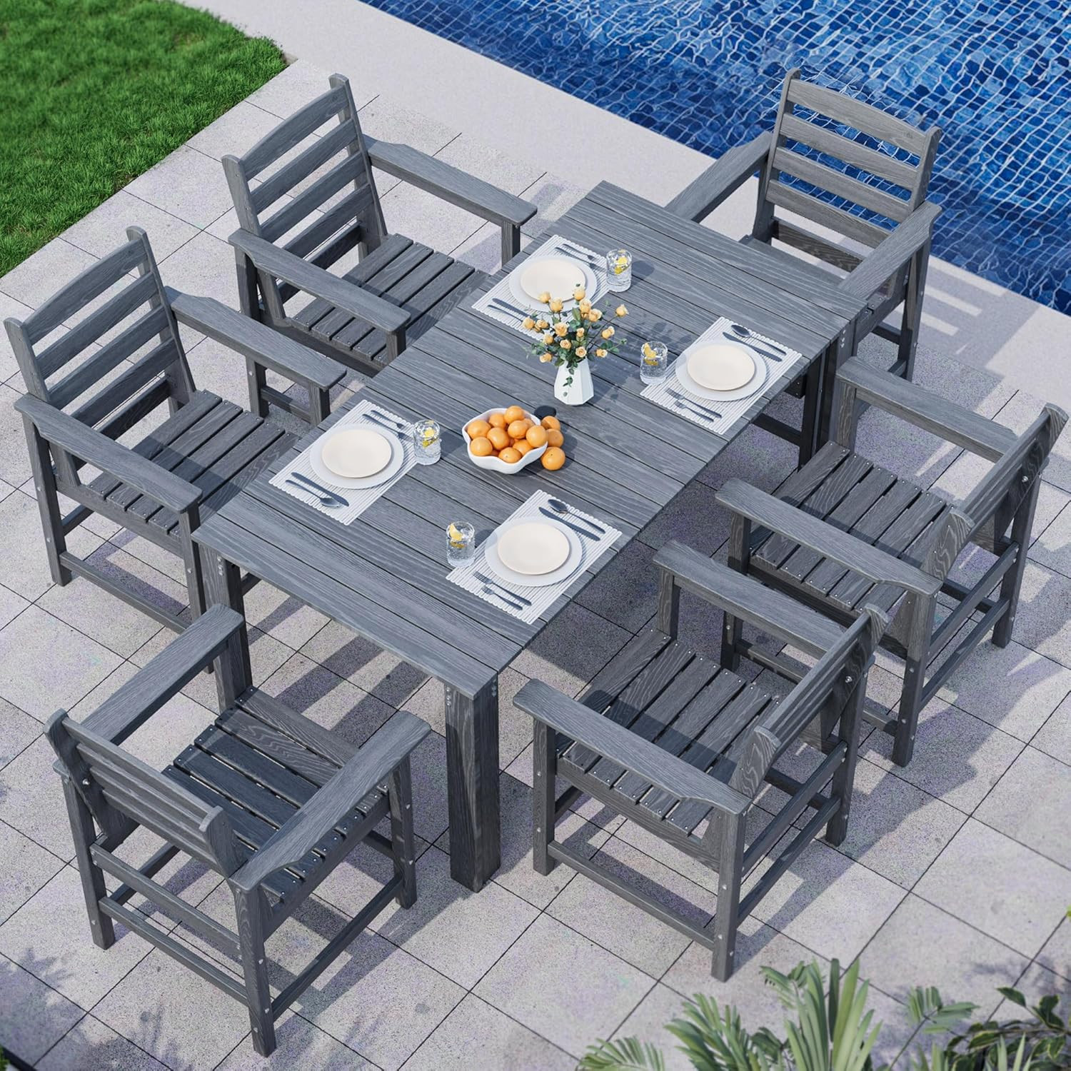 7-Piece Outdoor Dining Table Set with Umbrella Hole – Gray Wood Grain Finish