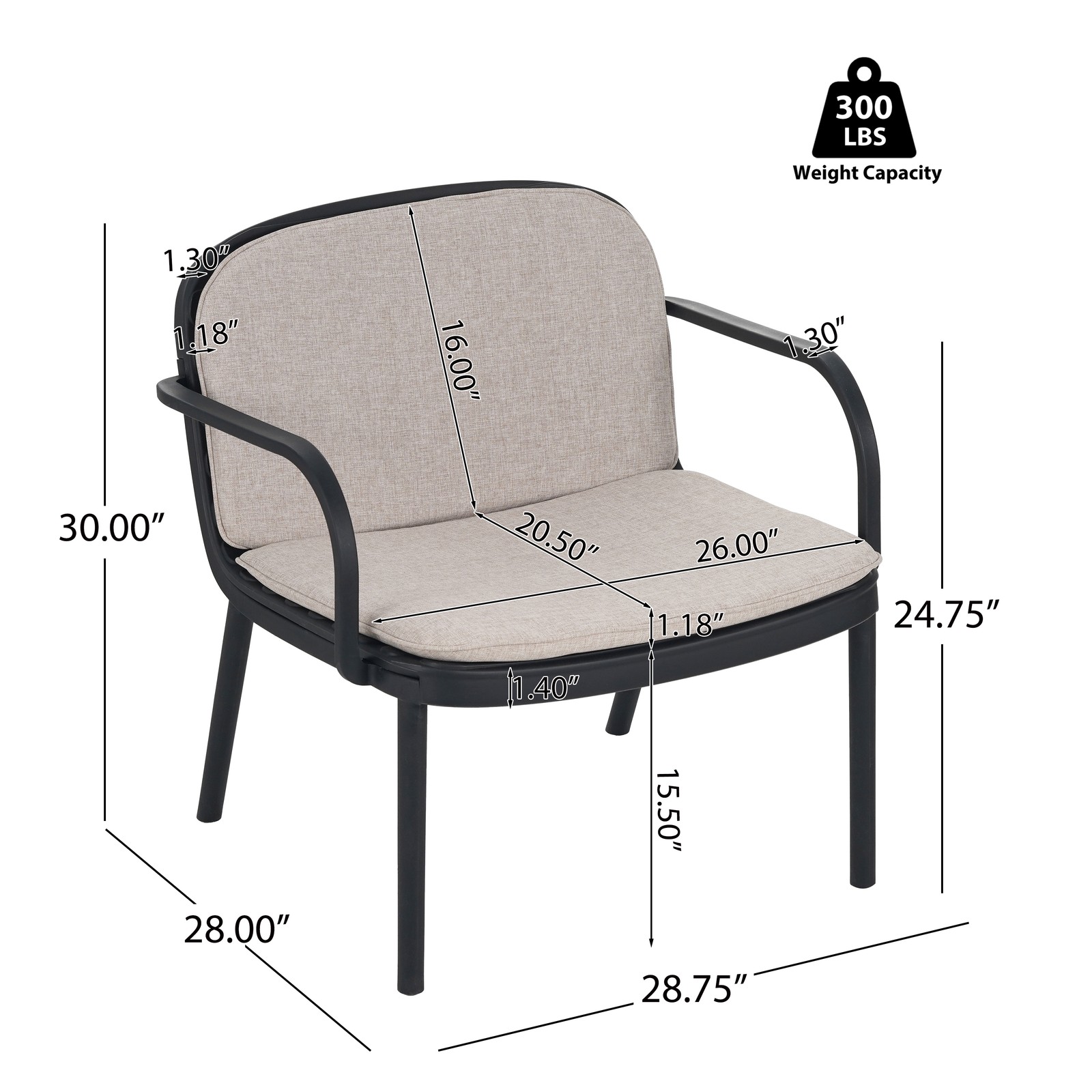Outdoor Patio Chat Set 3-Piece Black Frame Beige Cushion