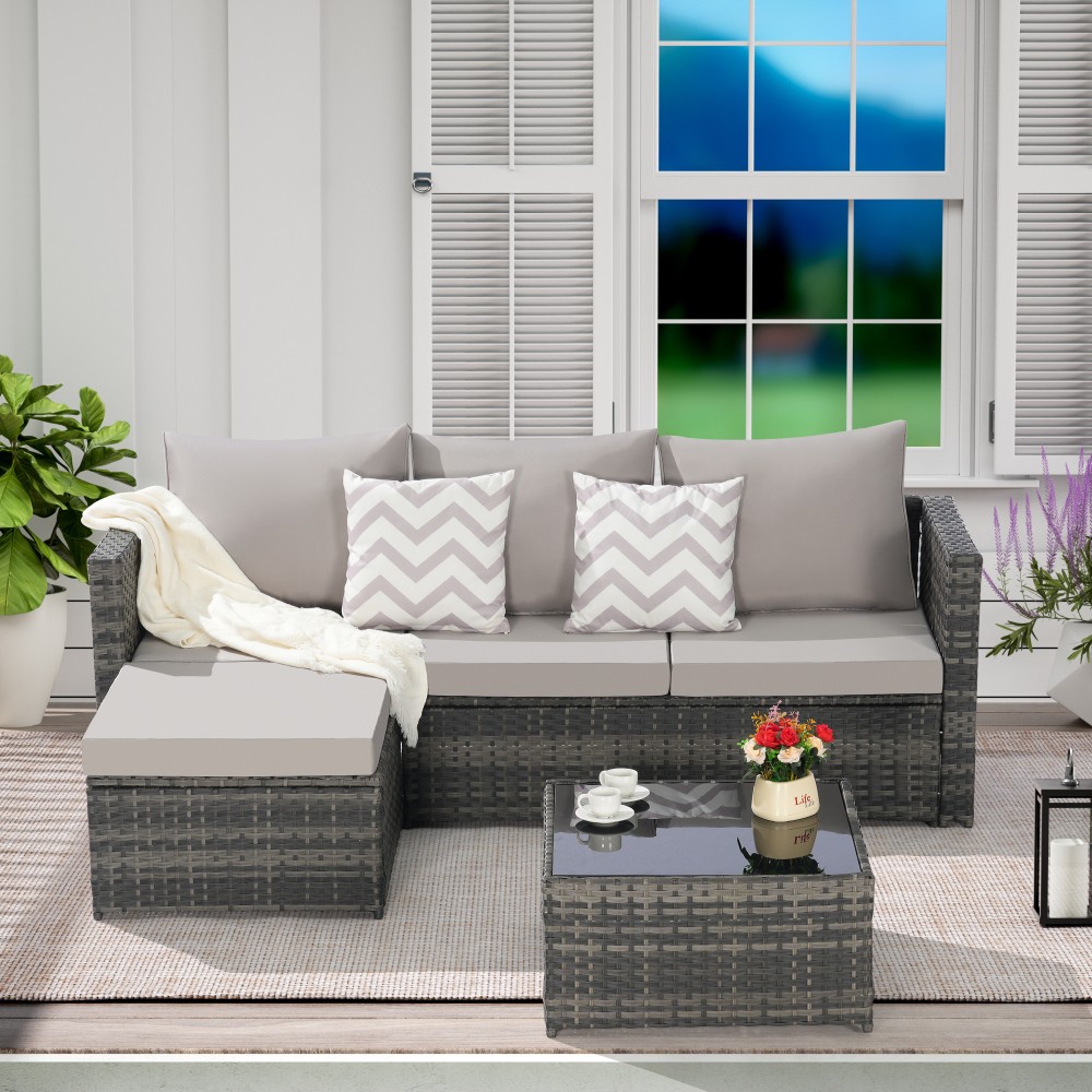 Outdoor Wicker Sectional Sofa Set with Ottoman, Light Gray, Seats 4